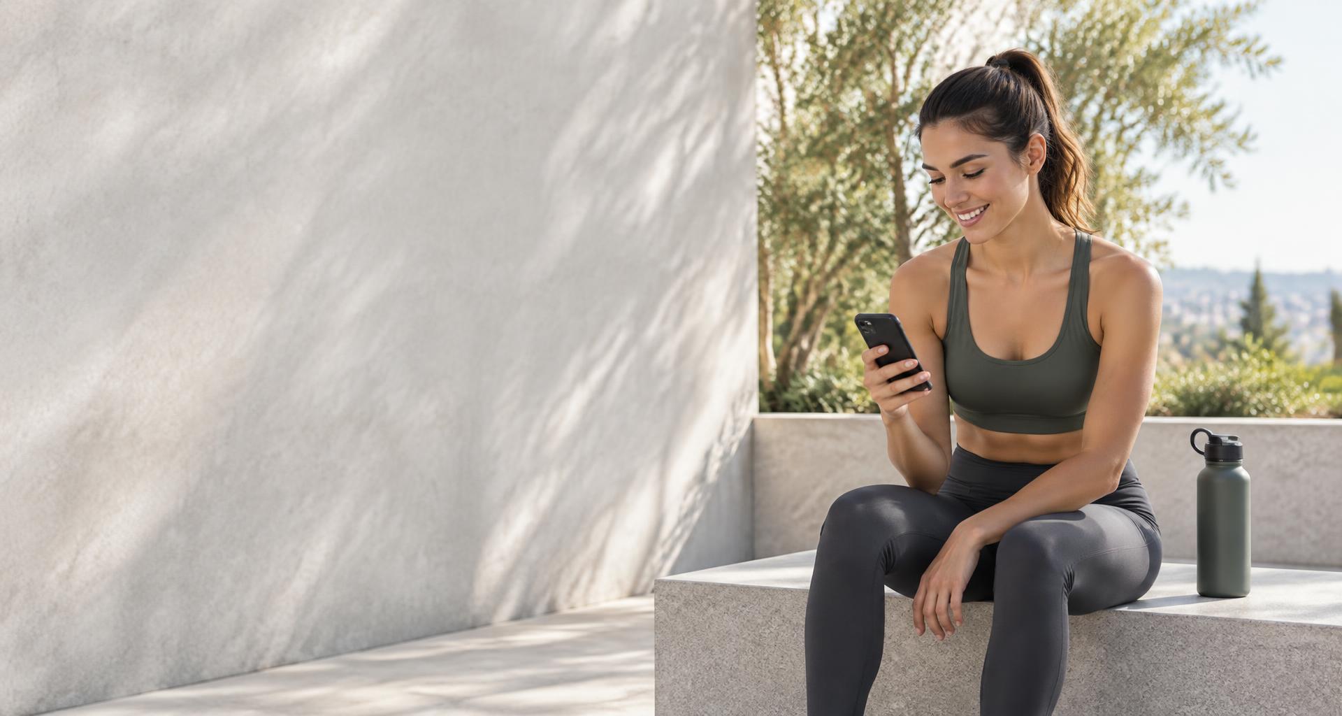 A woman taking a moment to check her phone after an outdoor workout